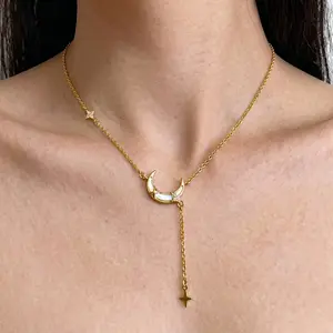 Gold Plated Hypoallergenic Moon Star Necklace - Mother-of-Pearl Pendant with Zircon, Light Luxury High-End New Style, Valentine's Day Gift, Versatile Daily Wear Collarbone Chain