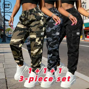 3PC Women's Camouflage Work Pants Casual Fashion Versatile Sports Pants Outdoor Hiking Camping Multi Pocket Design Pants Women's Clothing