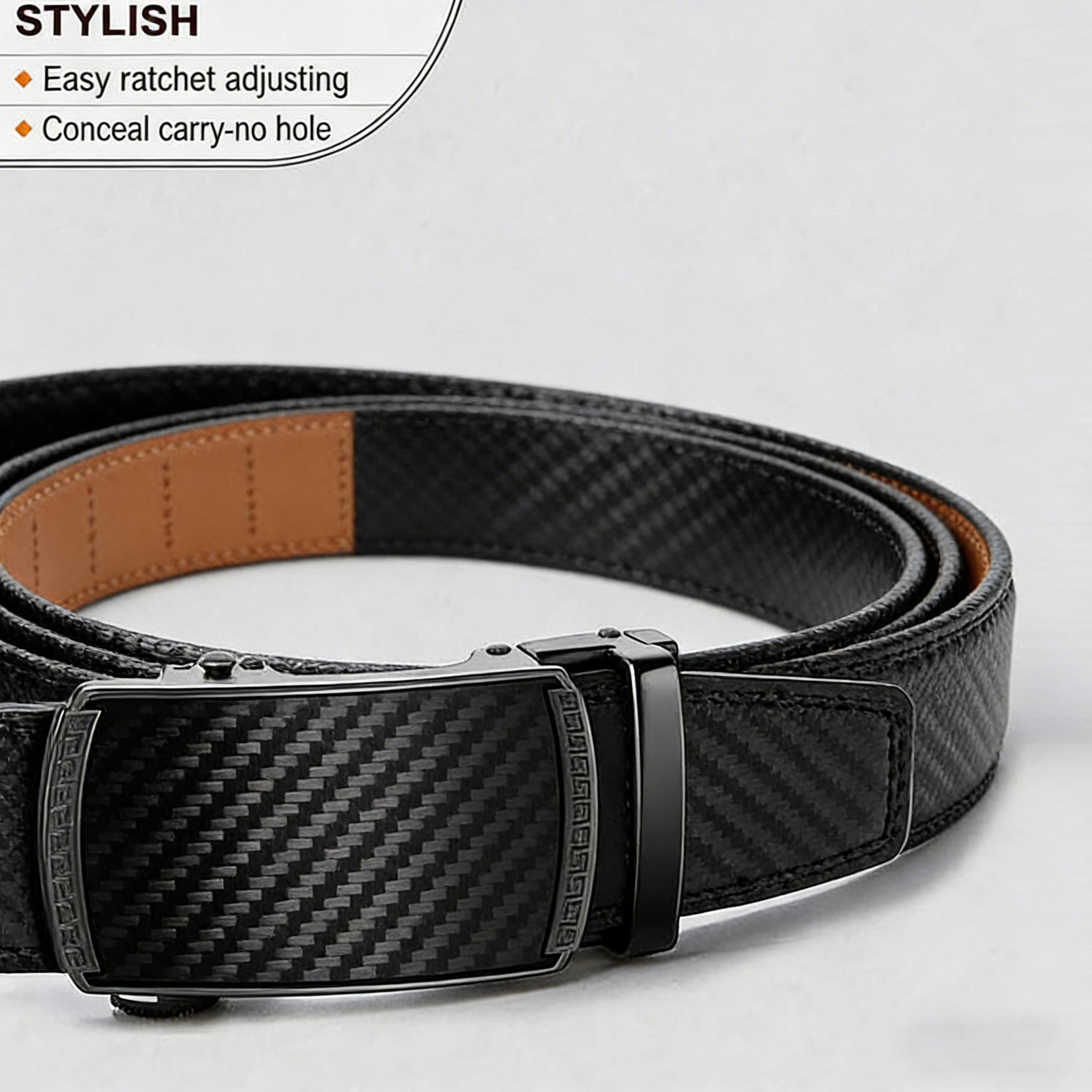 Men's Trimmable Size Genuine Split Leather Belt, Ratchet Buckle Automatic No-Hole Adjustable Belt for Casual, Business Wear