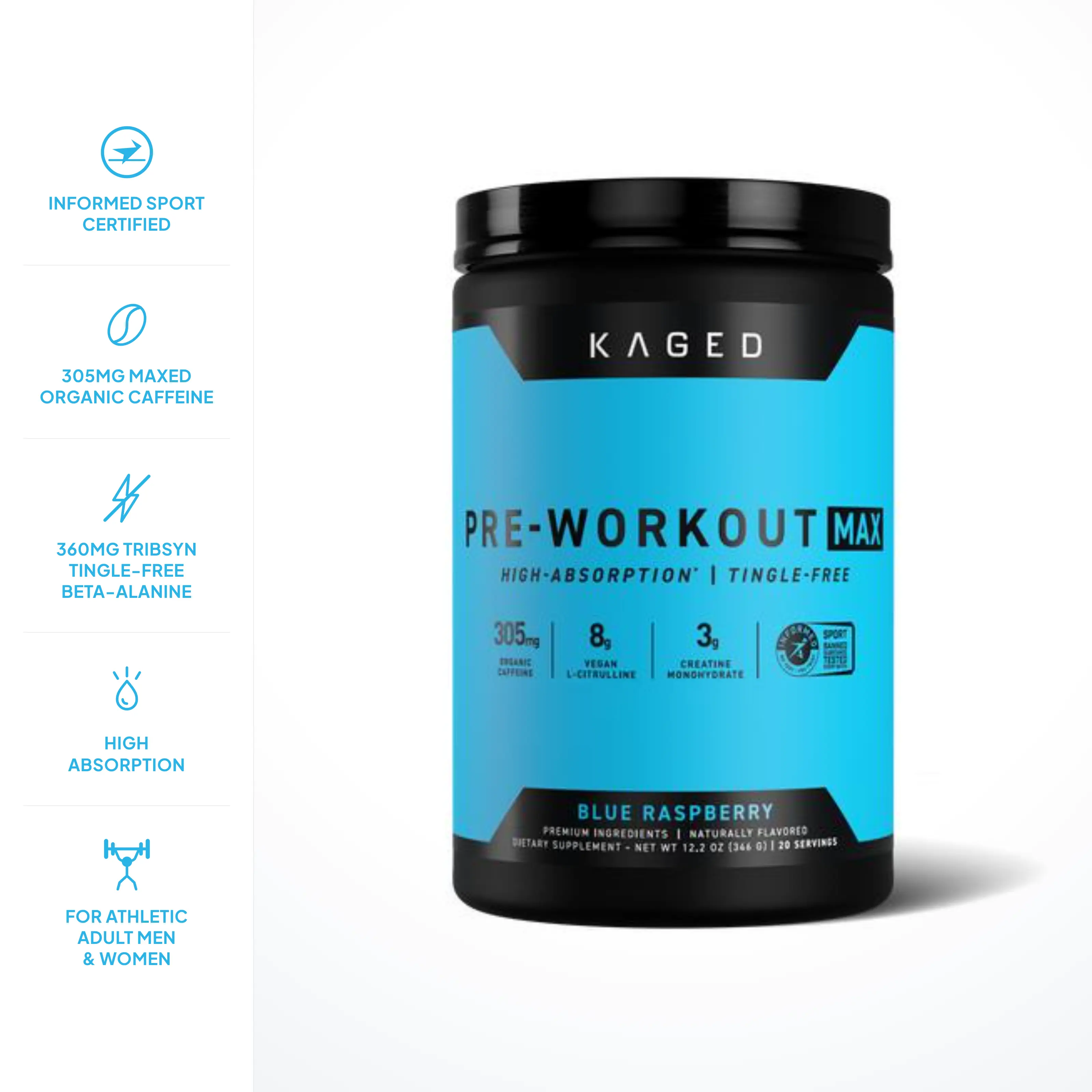 Kaged Pre Workout MAX Powder | Tingle-Free Pre-Workout for Men & Women | 305mg Caffeine, Creatine & L-Citrulline | Clean Energy, Pumps & Focus | Blue Raspberry, Watermelon | 20 Servings