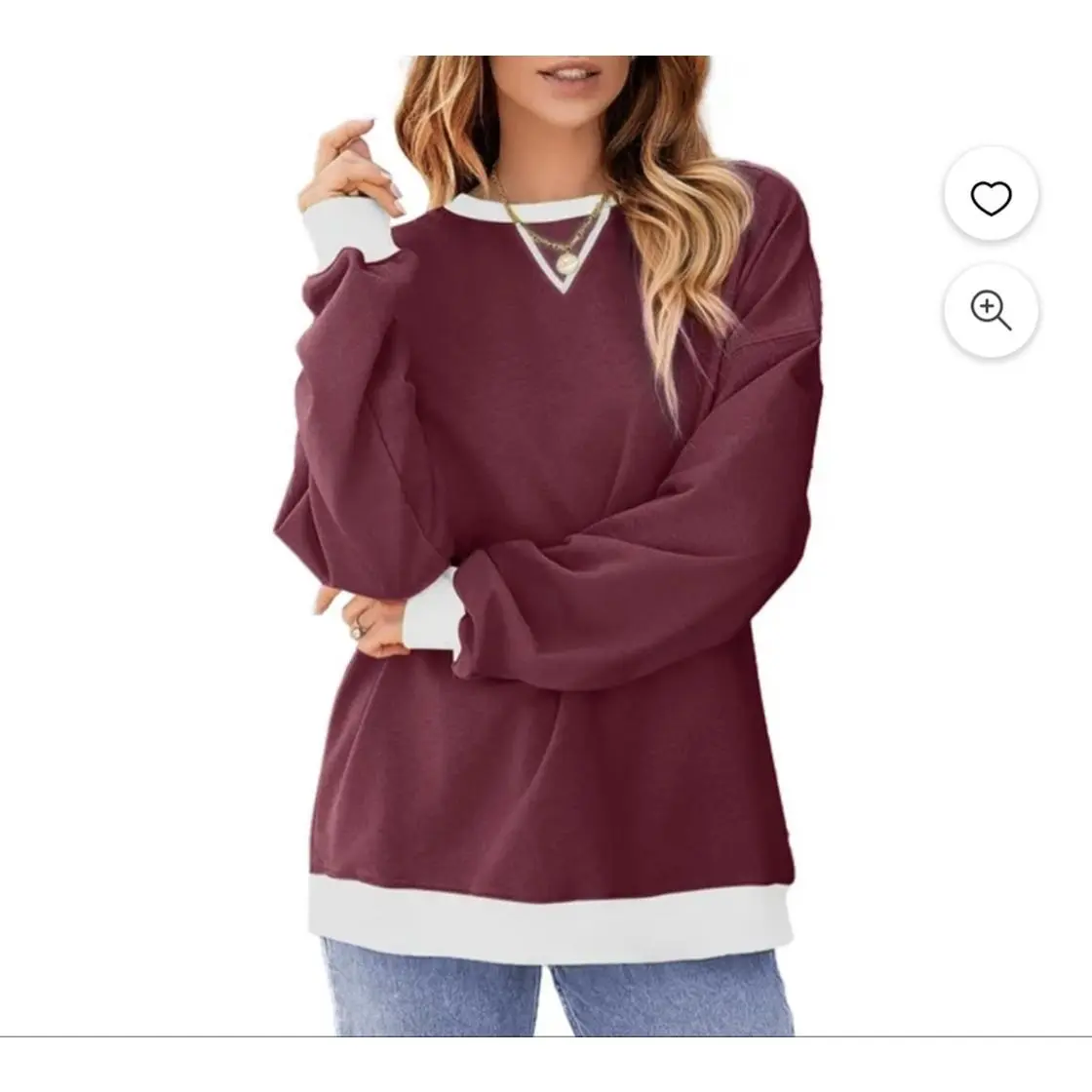 Red-Wine 3XL Sweatshirt with White Trim and Long Sleeves for Women