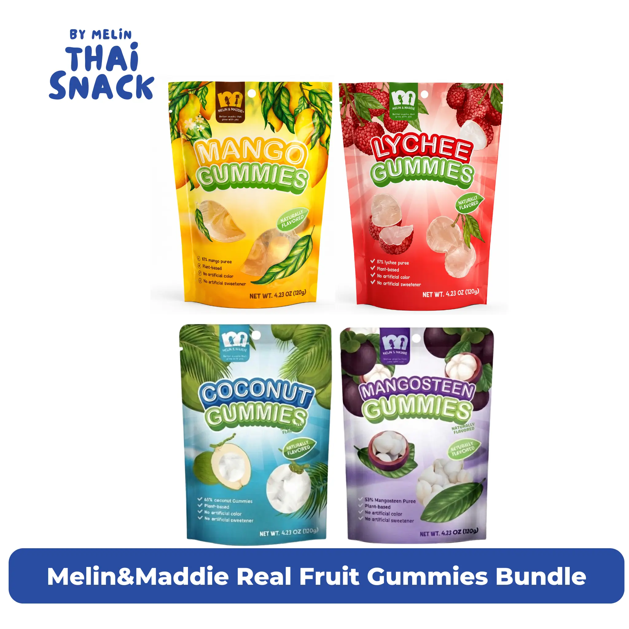 Melin & Maddie Real Tropical Fruit Gummies - Vegan Sweet Snack Candy, 53-65% Fruit/Puree, Candies, Fruit Flavored