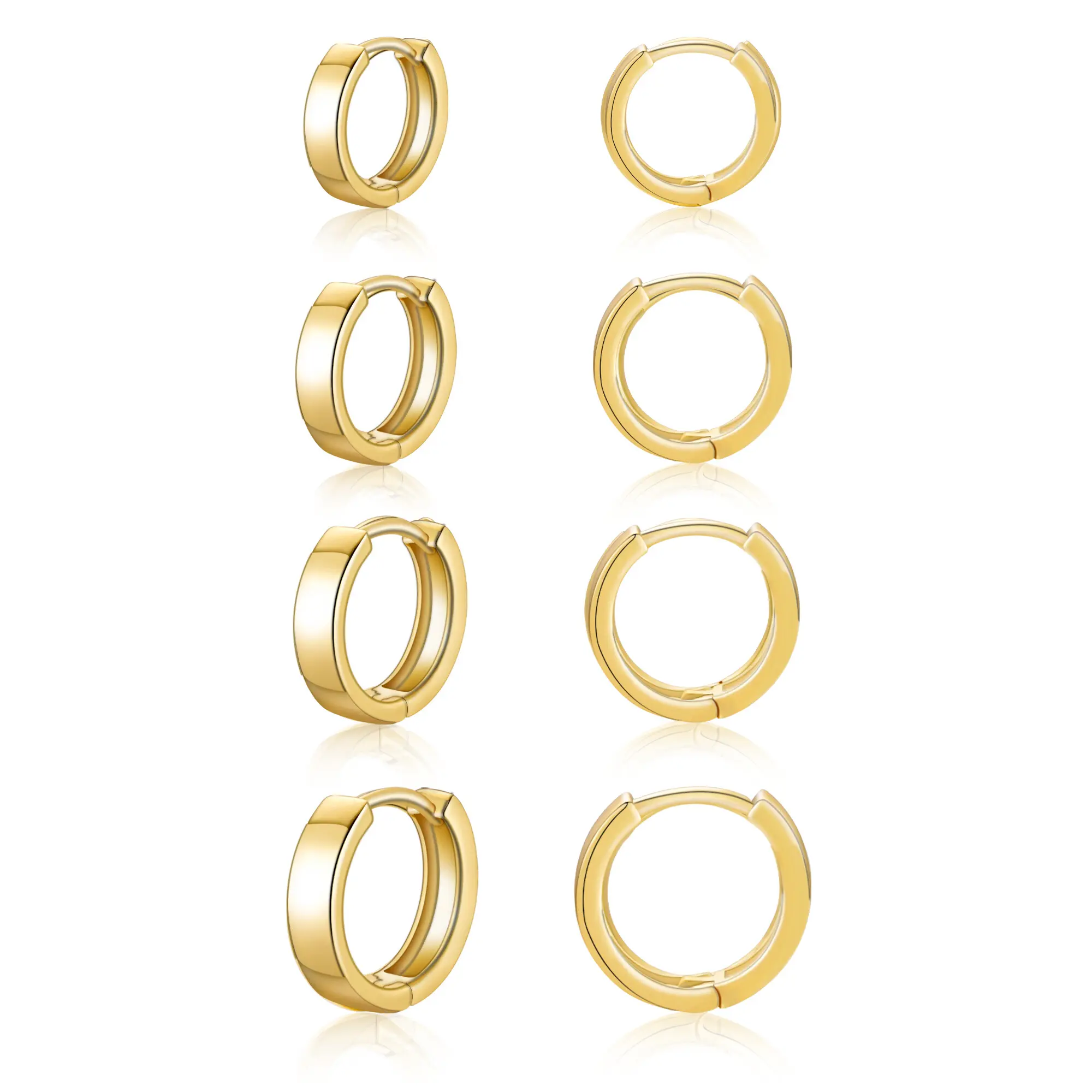 Gold & Silver Seamless Huggie Hoop Earrings Set - 4-Pair Graduated Small Earrings with Round, Flat-Band Silhouettes
