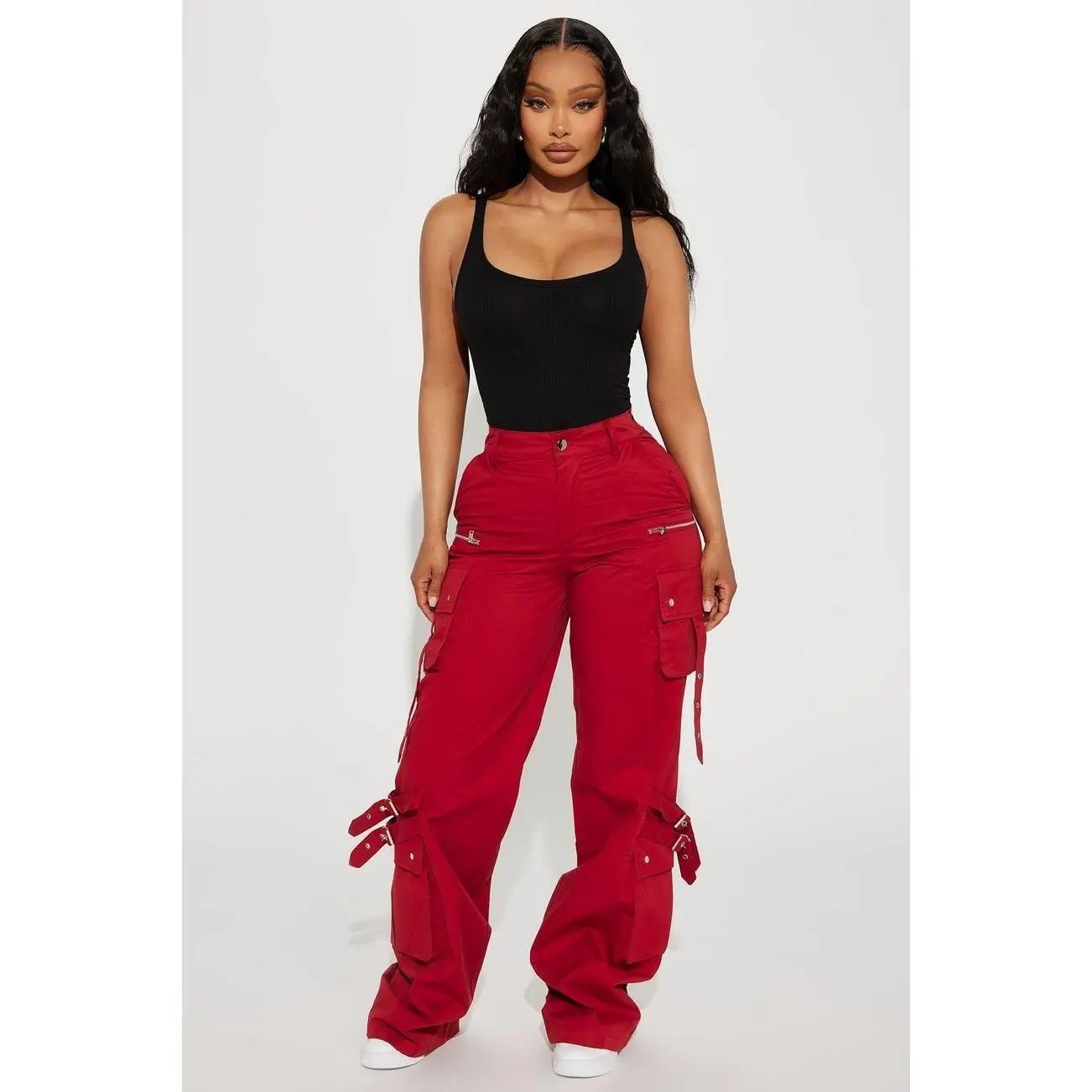 Lady's Imported 100% Cotton Brick Red Low-Rise Wide-Leg Cargo Pants, Clothes with Zipper-Strap Accents, Plus Sizes 2X/3X/XL Available
