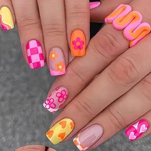 Short Square Colorful Summer Cute Flower Nail Stickers, 24 Pcs Vintage Style Removable Fashion Nails, Easy Daily Party Vacation Holiday Wear, Vintage Appeal, Removable Design