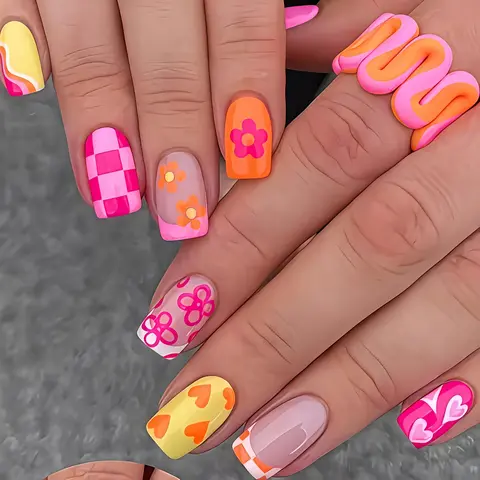 Short Square Colorful Summer Cute Flower Nail Stickers, Press On Nail, 24 Pcs Vintage Style Removable Fashion Nails, Decorative Nails, Easy Daily Party Vacation Holiday Wear, Vintage Appeal, Removable Design