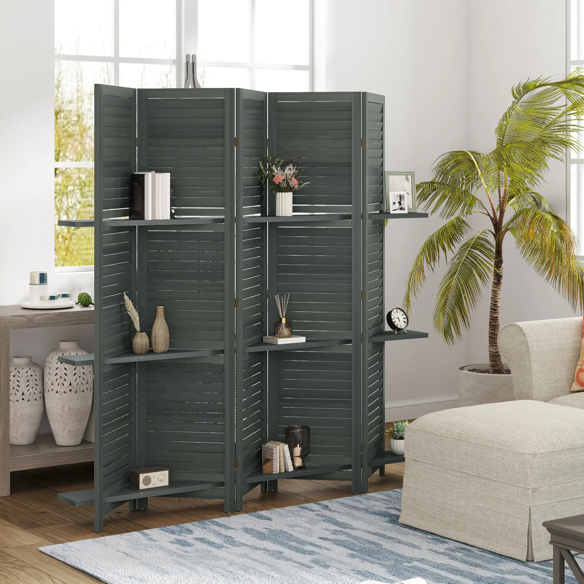 Gray 5-Panel Wood Privacy Screen Room Divider - 67in Tall, 78.75in Wide, Louvered Slat Design, 3 Display Shelves for Photos/Plants, 12 Steel Hinges, Space-Saving Foldable for Living Room/Bedroom