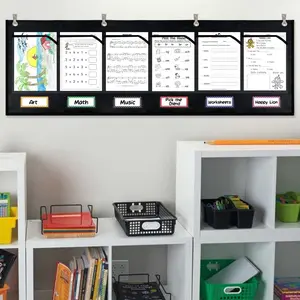 6 Pockets Horizontal Homework Storage Pocket Chart,Small Group Management Pocket Chart for Classroom Grouping,Organized and  Task (Black)