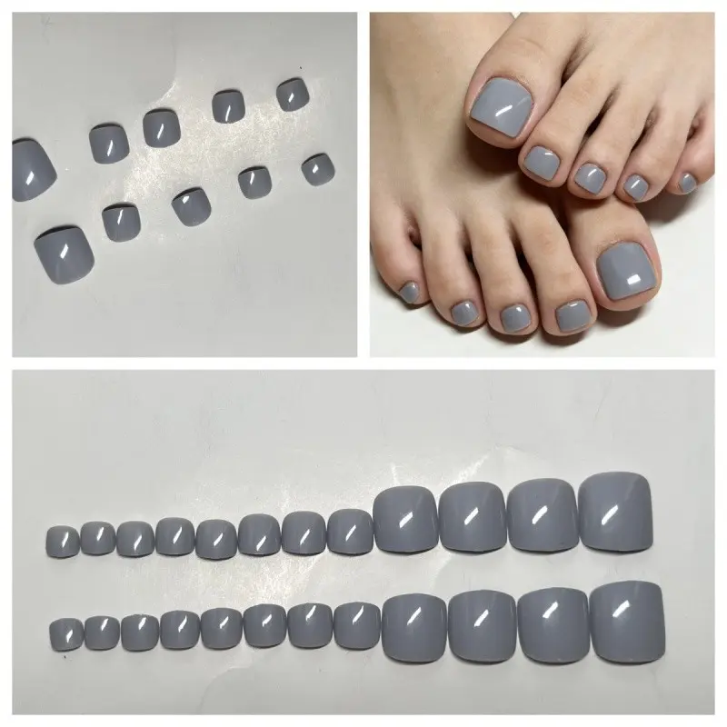 Wm-24pcs Blue Solid Color Nail Art Stickers, High-Quality Toe Nail Tips, Wearable Pedicure Finish, Elegant Foot Nails Decorations