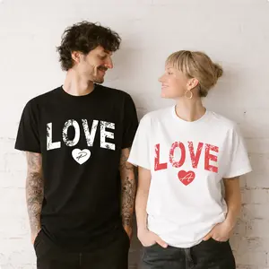 Men's Black Round Neck Unisex Couple's Valentine Custom Initial LOVE Matching Shortsleeve Cotton T-Shirt & Bottoms Set, Daily Casual Wear, Soft Comfortable Print, Personalized Romantic Vibe, Flattering Fit