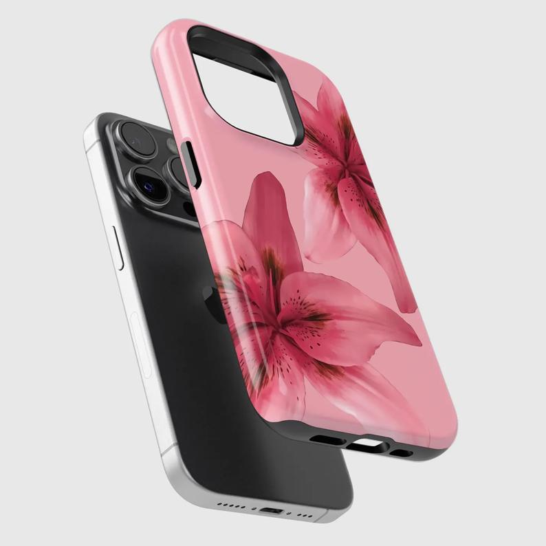 TIGER LILY CASE, Flower Phone case, Pink Lily Case, suitable for Samsung Galaxy 23 24 25 5G iPhone 17 ProMax Air 16 plus cases  15 pro max 14, 13, 12 with screen protector |     Beautiful phone case |     Shockproof protective case |     Smart  phone case