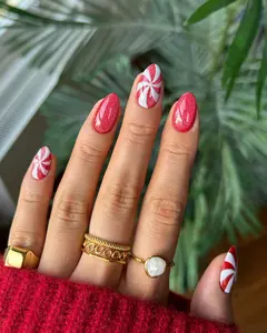 Handmade Press on Nails, 10 Pcs Christmas Set with Red & White Glitter Design, Medium Length Acrylic Almond Shape Nails for Women