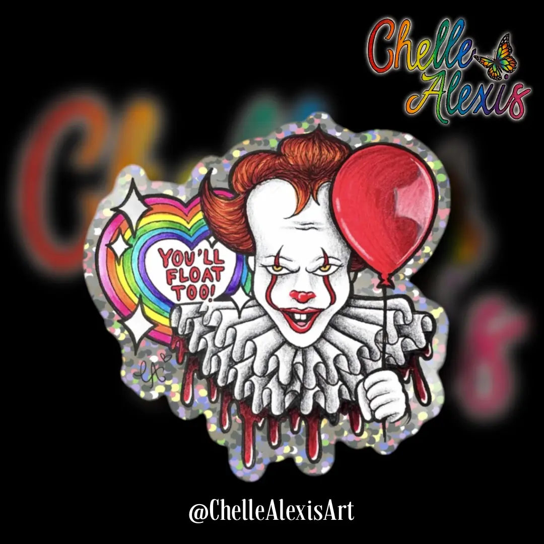 Pennywise IT You'll Float Too Waterproof Holographic Glitter Vinyl Decal Sticker 3” Horror Movie Halloween Spooky Balloon