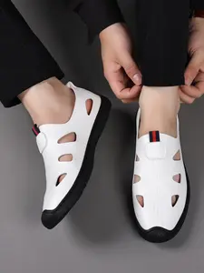 Men's Summer Slides Sandals 2026 New Hollow Out Casual Leather Shoes, Soft Sole One-Click Fastening, Comfortable Breathable Footwear