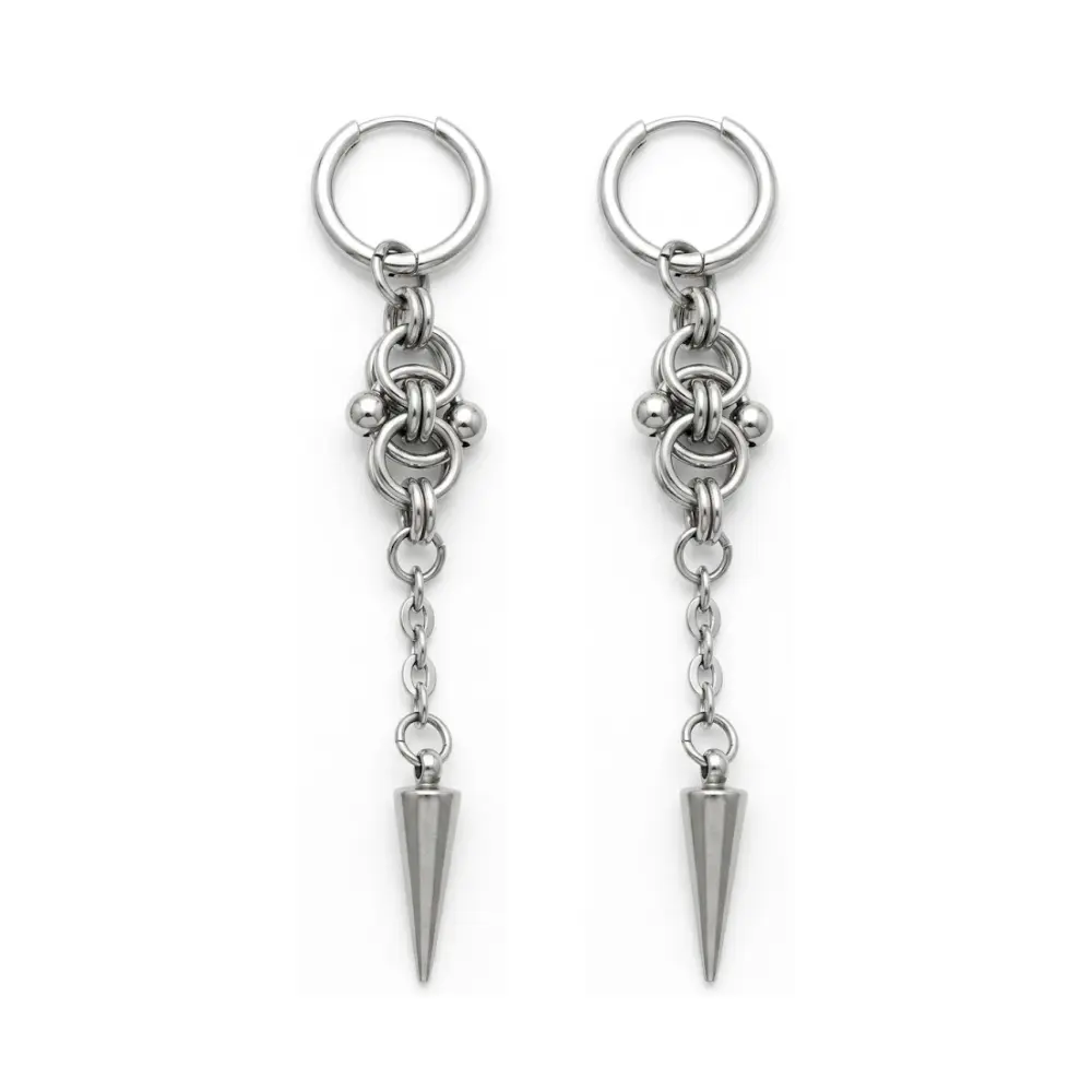 Chain Knot Long Spike Dangling Hoop Earrings - Pair - Stainless Steel