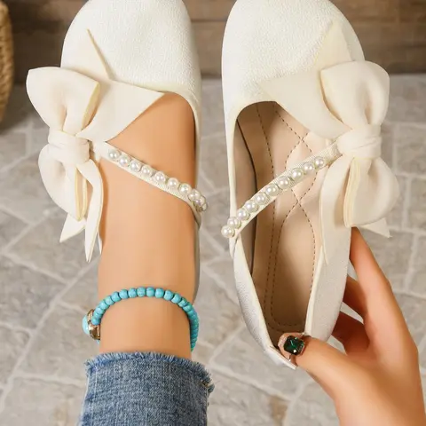 New Women's Flat Shoes, Fashionable Butterfly Knot Design, Comfortable Non-Slip Sole, Casual Artificial Leather, All Seasons Wear, Summer Flats