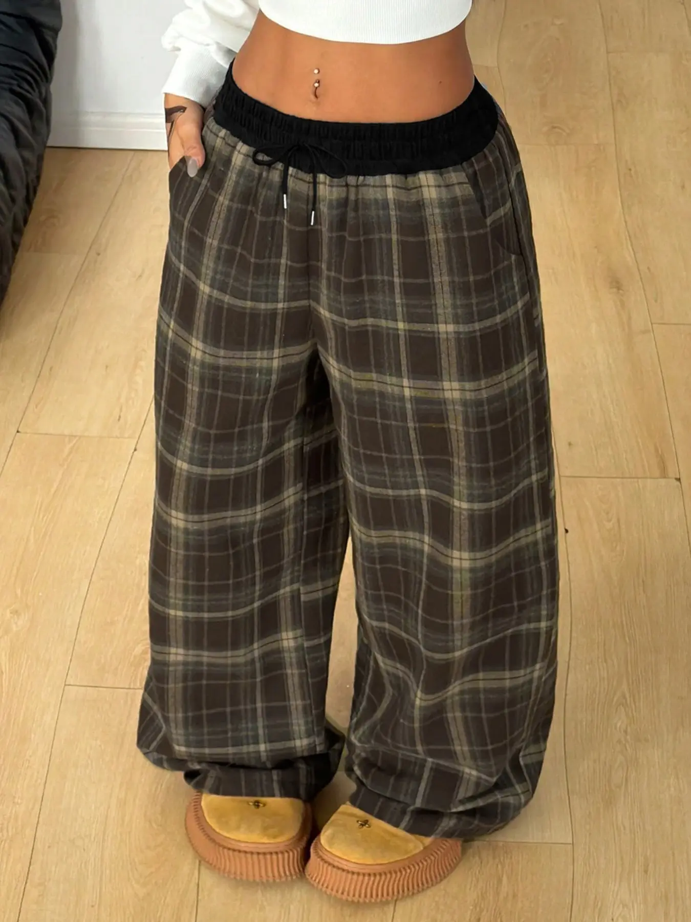 Women's Colorblock Plaid Wide Leg Drawstring Pants for All Seasons, Retro and Check Trousers for Casual and Holiday Wear, Perfect Valentine’s Gift, Bottom