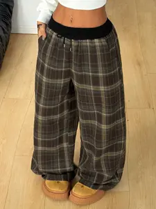 Women's Colorblock Plaid Wide Leg Drawstring Pants, Casual Travel Slacks for All Seasons, Retro and Check Trousers for Casual and Holiday Wear, Perfect Valentine’s Gift