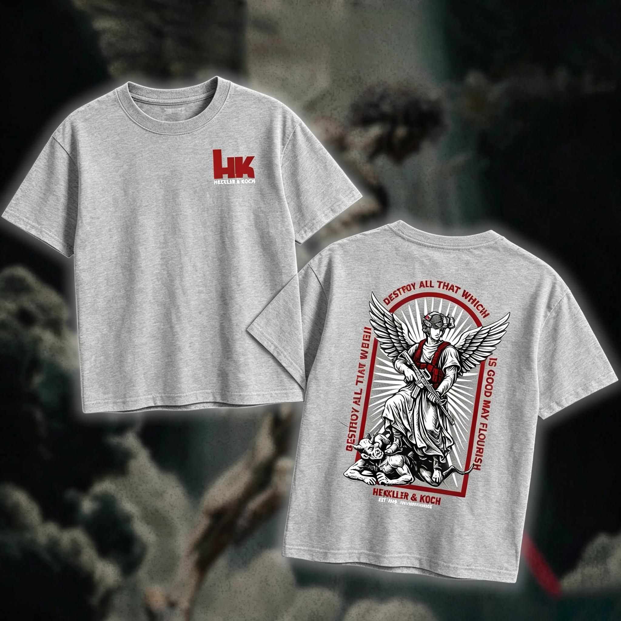 DOMINIAN Heckler & Koch Saint Michael T-Shirt/Hoodie Casual 100% Cotton, Army Military Menswear, Gun Shirt Tactical Gear, Veteran Shirt, Good Graphic Shirt, Made In USA.,funny graphic tee, men’s trendy t-shirts, deals, humorous, 90s, streetwear,penny tees