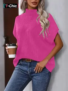 Women's Casual Loose Drop Shoulder Short Sleeve T-Shirt, Fall Winter High Neck Knit Pullover Sweater Top, Solid Color Long Sleeve Shirt, Minimalist Womenswear Knitwear, Street Casual Jumper