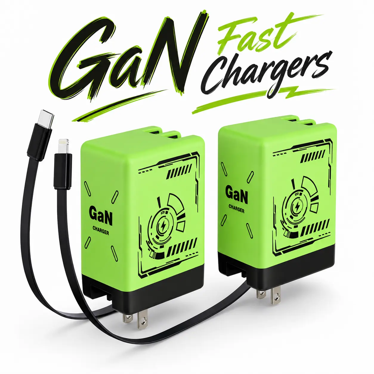 2-Pack GaN Fast Chargers, Portable with Retractable Cable for Mobile Phones & Electronic Devices