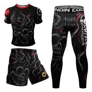 Men's Moisture-Wicking Polyester Blend Beast Print Rash Guard Sets - Short Sleeve Tops, Sun Protection, Anti-Compression Rubber Wear for MMA No Gi Jiu-Jitsu, Fitness Training