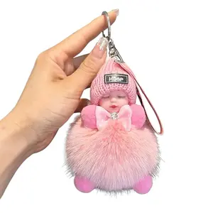 Cute Plush Sleeping Baby Keychain Soft Doll Keyring with LOVE Lanyard Adorable Car Key Accessory for Drivers