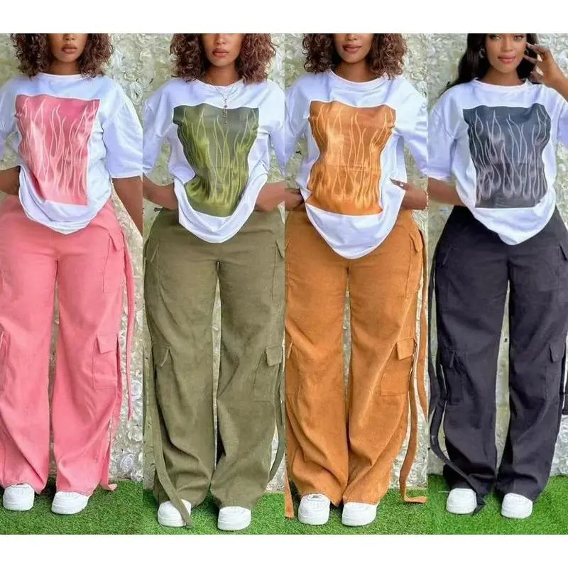 2-Piece Women's Set for Spring and Summer: Pocket Pullover Short-Sleeve Top and Long Pants Set, Two-Piece Tracksuit Set,Pink