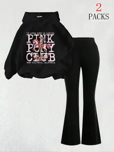 Women's Fall Winter Horse Pattern Warm Hoodie + Slim Fit Comfortable Flare Pants Set, Casual Style, Thick Fabric, Casual Matching Set, Womenswear