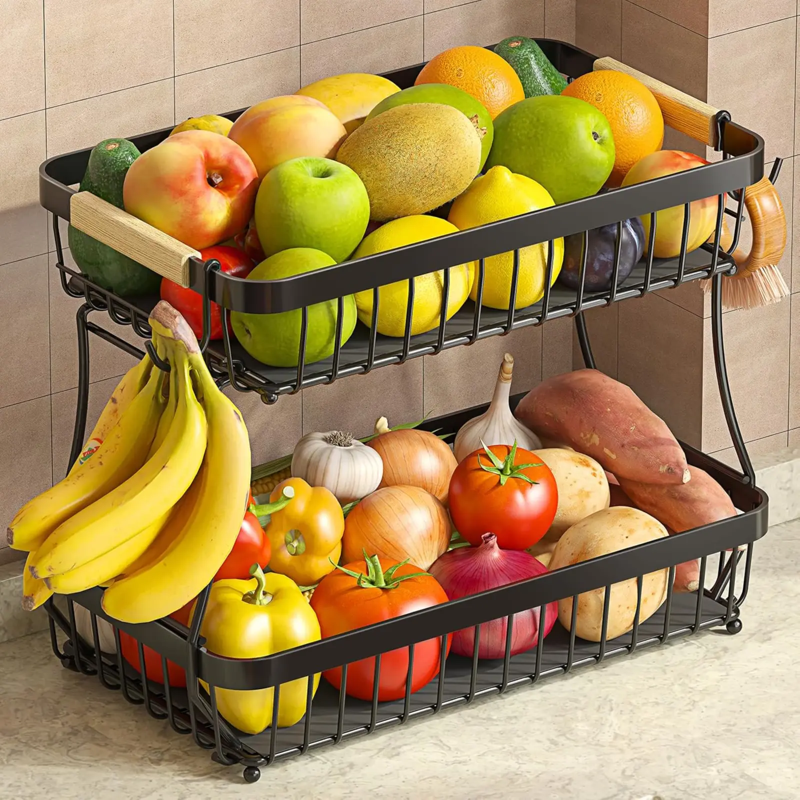 2-Layer Rectangular Metal Kitchen Organiser (2026 Pro) - Large Counter Storage with 2 Mobile Banana Hangers, Detachable Iron Bowls, Wood Handles & Protective Mats for Bread, Snacks