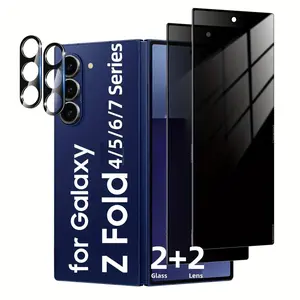 4 in 1 Set Privacy Protection Accessories for Samsung Galaxy Z Fold 4/5/6/7 Series, Includes 2 Privacy Screen Protectors & 2 Lens Covers, Easy Install Design