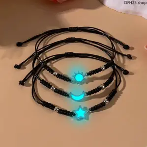 3-Piece Adjustable Woven Celestial Bracelet Bangle Set, Glow In The Dark Sun Moon Star Charm Jewelry, Minimalist Unisex Design Ideal For Friendship Couple Gifting With Soft Night Luminous Feature
