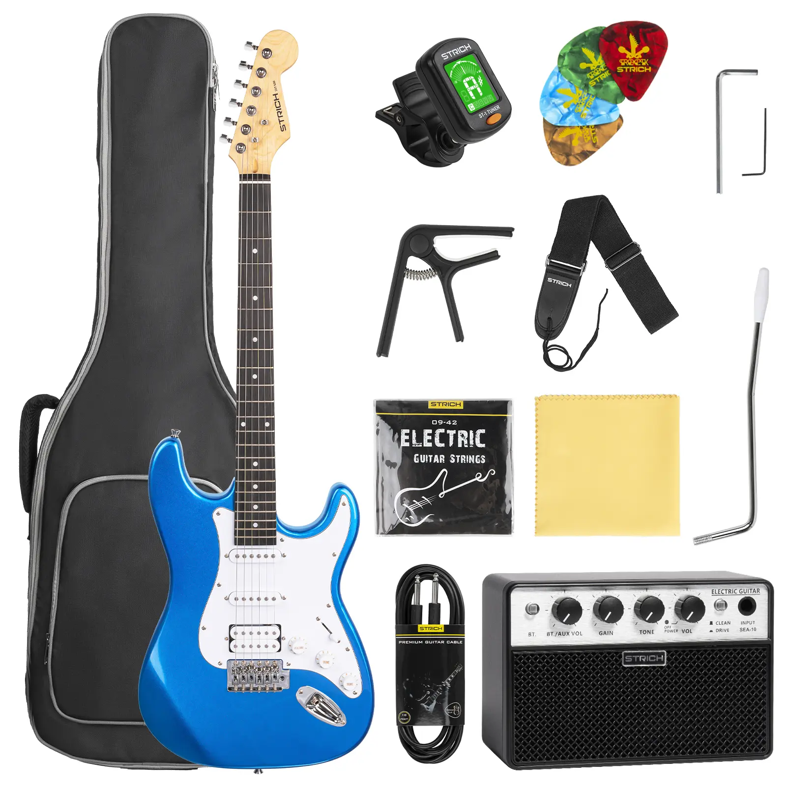 STRICH 39" Beginner Electric Guitar Kit with HSS Pickup, 10W Amplifier, Guitar Belt Sling, Bag, Tuner, Capo, Strings, Cable, Picks - SST-S20 Sapphire Blue