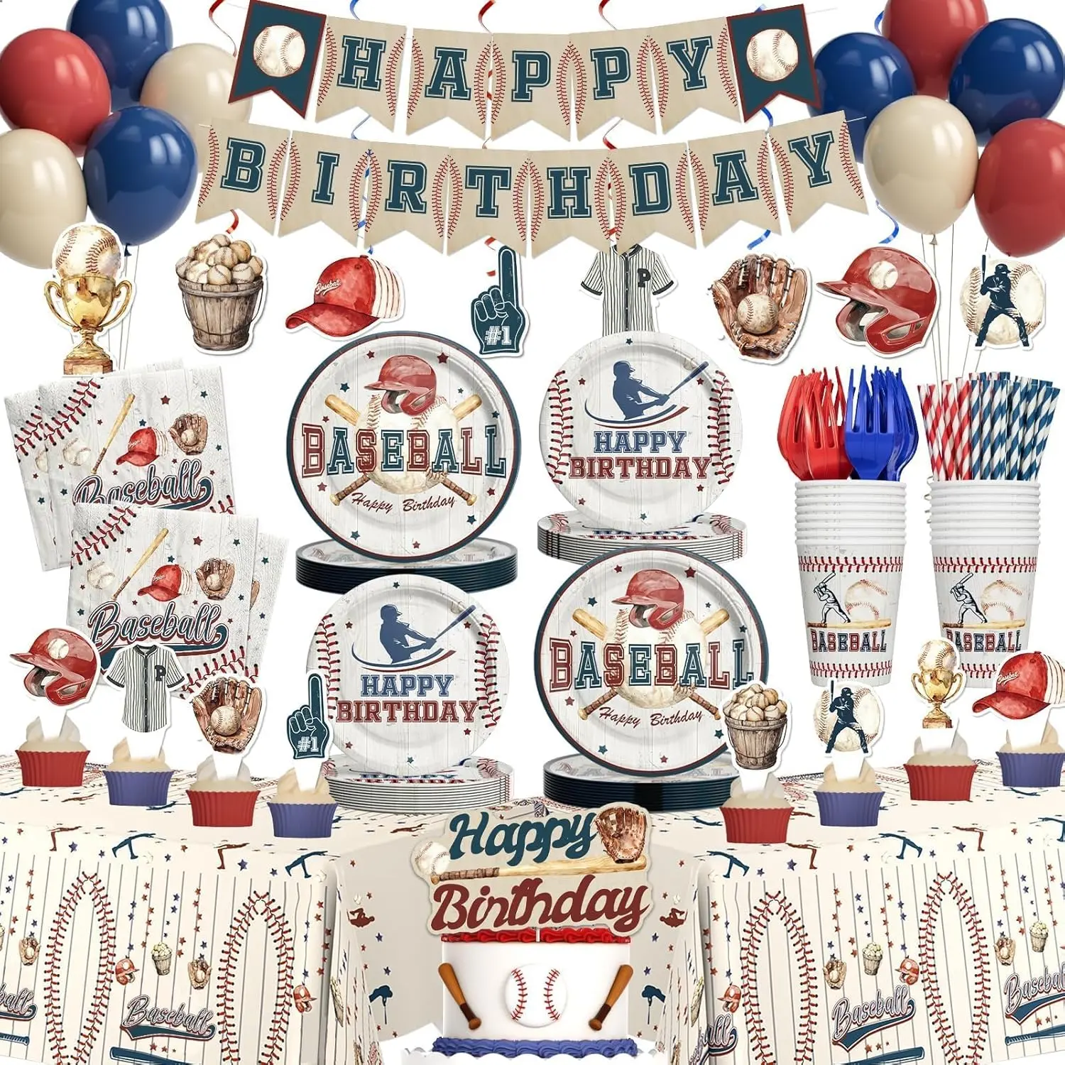 Hombae Baseball Birthday Decoration Kit, 24-Person Party Supplies Set with Happy Birthday Banner, Plates, Napkins, Forks, Cups, Straws, Tablecloths, Dark Blue-Red-Khaki Balloons for Table Decor, Gifts