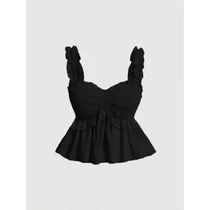 Women's Summer Casual Ruffle Trim Hem Camisole Top Fabric Fit Black Womenswear Strap Tank Shirred