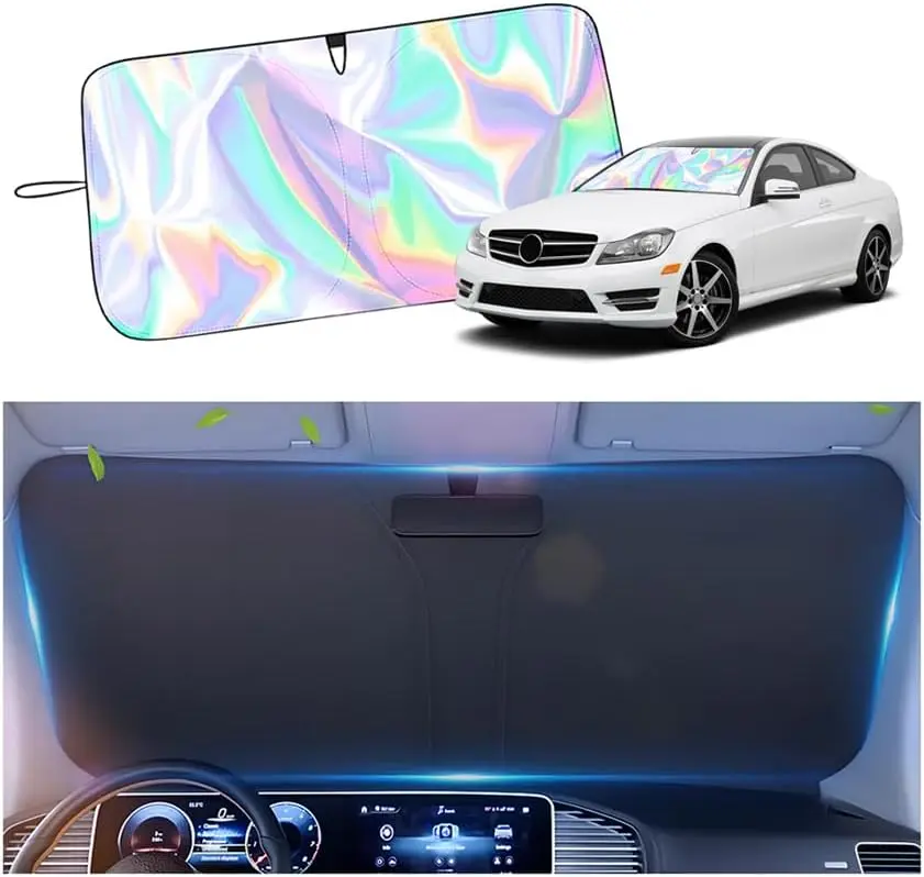 Foldable Anti-UV Windshield Car Windshield Sunshade, Car Windshield SunScreen Featuring Laser Reflective Coating, Upgraded 210T Radium Silver Car Windshield Sun Shade, Universal Automotive Sun Visor 57×31.56 Inch