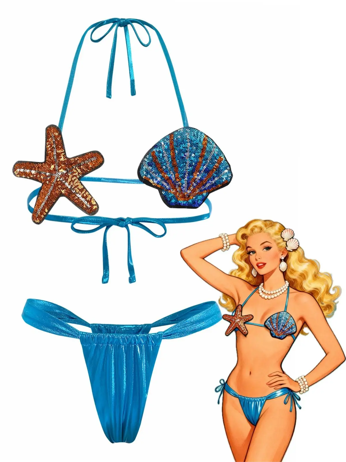Blue 1970s Shell & Starfish Bikini Set vacation swimwear for women cute summer outfits Blue 1970s Shell & Starfish Bikini Set vacation swimwear for women cute summer outfits