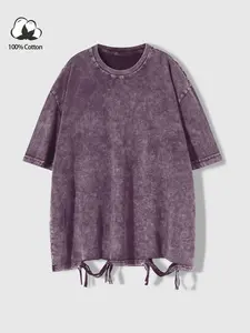 Oversized Vintage Distressed Cotton Tee | Ripped Drawstring Hem & Washed Black Design | 100% Cotton Streetwear for Urban Walks, Casual Hangouts & Summer Layering