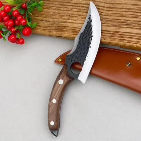 PM-Hand Forged High-Carbon Steel Boning Knife with Leather Sheath, Wooden Handle Blade Knife for Kitchen, Camping Use, Knives