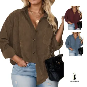 Women's Plus Size Corduroy Shackets Fall Trendy Button Down Shirts Classic Long Sleeve Jackets with Pockets XL-5XL DPS1126