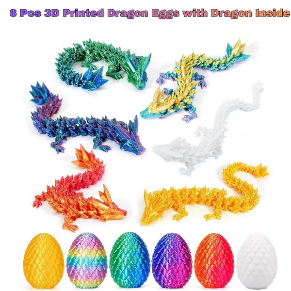 6-Pack BPA-Free 3D Printed Plastic Dragon Egg Toys  - Fun Development Tools with Mini Dragons Inside, Safe Gender-Neutral for 3+ yrs & 10-12 Yrs Kids, Easter Basket Stuffers, Party Favors