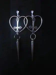 Vintage Punk Heart Cross Stud Earrings, Punk Style Earrings, Gothic Design Unisex Party Jewelry, Unique Long Dangle Ear Accessories for Men & Women