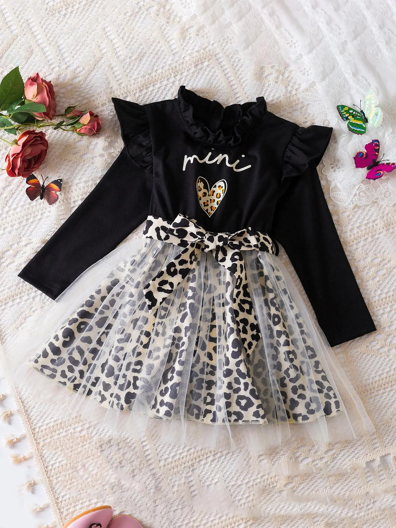 Toddler Girl's Patchwork Leopard Print Contrast Mesh Belted A Line Dress, Casual Ruffle Long Sleeve Frill Trim Keyhole Neck Dress for Fall & Winter, K