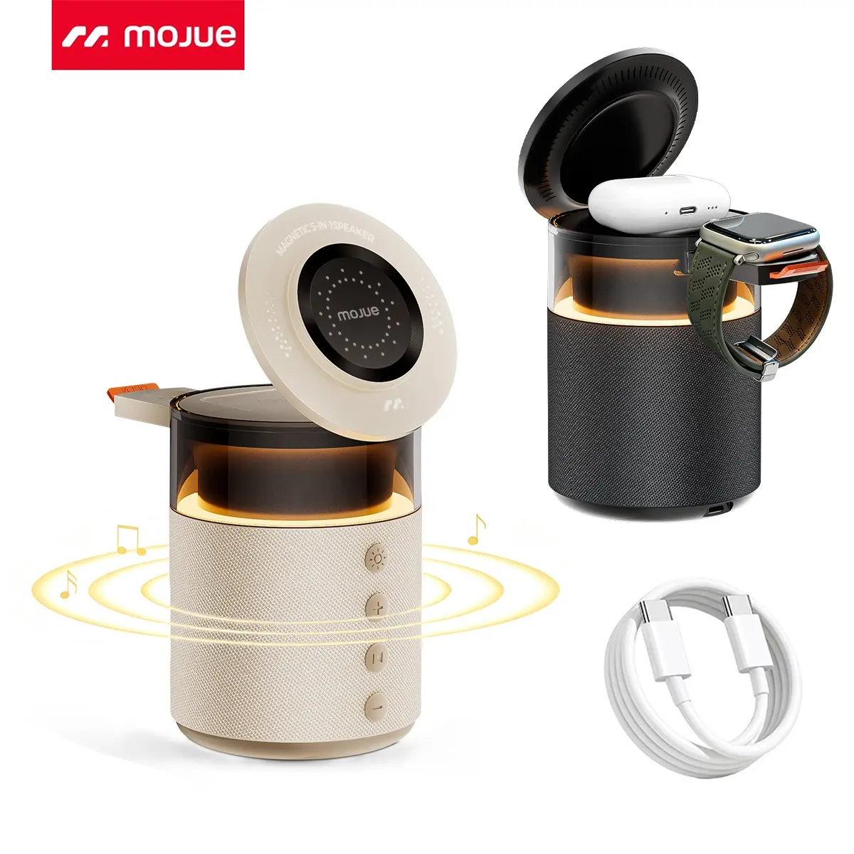 MOJUE 15W 5-in-1 Wireless Charging Station – Magnetic Charger with Bluetooth Speaker & Night Light, Compatible with Apple Watch, Samsung Watch, iPhone 17/16/15/14/13/12 Pro Max & Wireless Earbuds – #BackToSchool