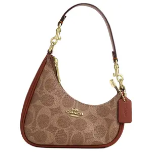 COACH Teri 14 Mini Shoulder Bag with Metal Logo and Coated Canvas Leather Accents for Women in Caramel