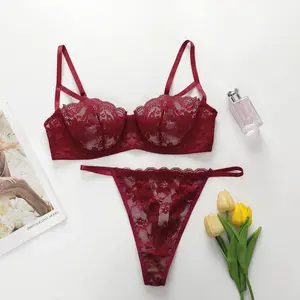 Women's Sexy Red Lingerie 2-Piece Set Lace Bra and Panty Set YS2451 Polyester Women's Wear Soft Minimalist Basic Mesh Spaghetti Strap