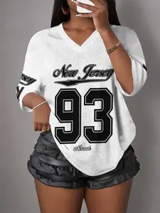Y2K Retro Style New Jersey 93 Mesh Eye Tee, Loose Fit V Neck Sport T-Shirt, Hip Hop Streetwear Top for Women