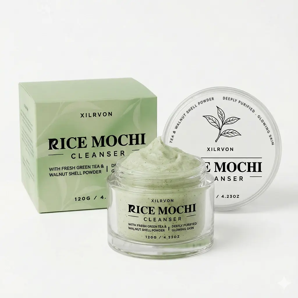 XILRVON Rice Mochi Cleanser with Fresh Green Tea & Walnut Shell Powder,Deep Purifying & Glowing Skin Exfoliating Scrub Wash (120g / 4.23oz)