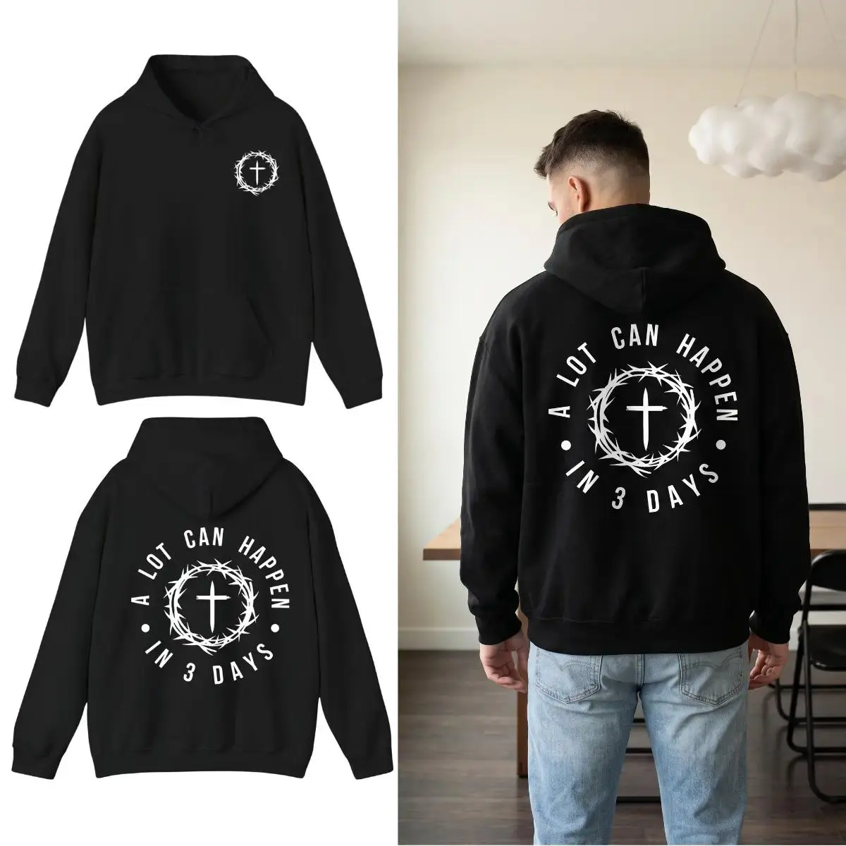 A Lot Can Happen in 3 Days Graphic Hoodie Christian Faith Jesus Resurrection Bible Verse Inspirational Pullover Casual Unisex Streetwear Cozy Long Sleeve Everyday Wear Easter Gift for Believers Women Men
