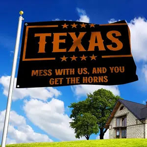 Texas "Mess With Us, You Get The Horns" Flag 3x5 FT 2x3Ft - Bold Black & Orange Banner with Stars & Tough Texas Pride Slogan, Premium Durable Polyester, Reinforced Metal Eyelets, Perfect for Western/Patriotic Decor, Easy to Hang!